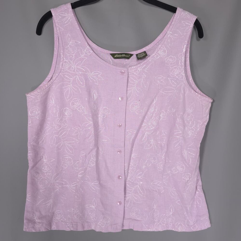 EDDIE BAUER Women’s Button Top Blouse LARGE Tank LINEN COTTON Floral Embroidered